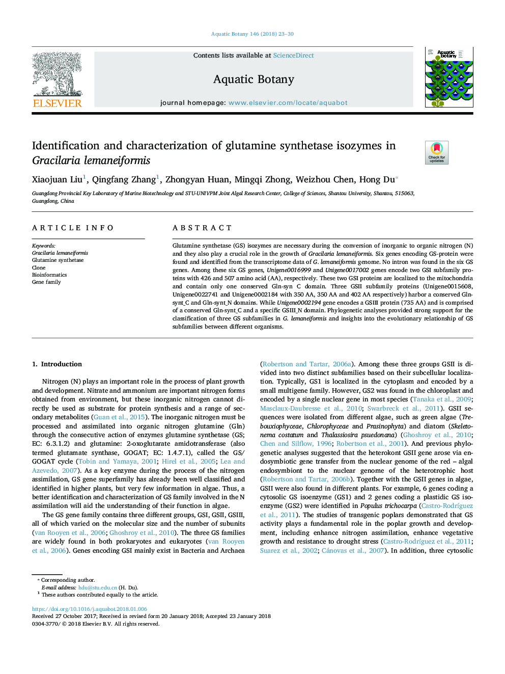 Identification and characterization of glutamine synthetase isozymes in Gracilaria lemaneiformis