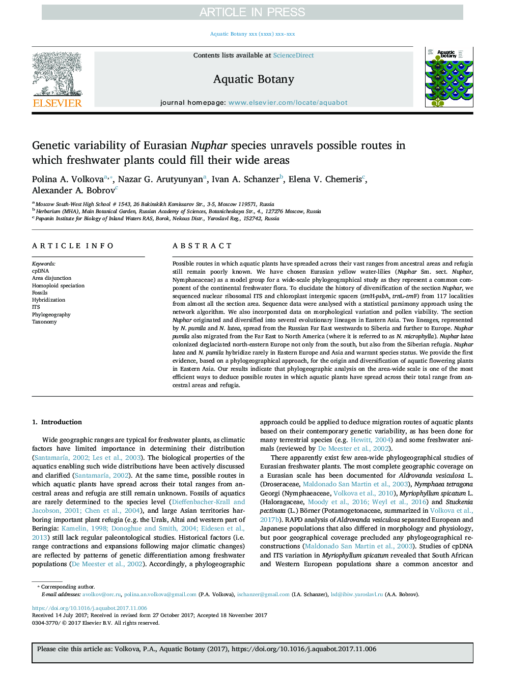 Genetic variability of Eurasian Nuphar species unravels possible routes in which freshwater plants could fill their wide areas