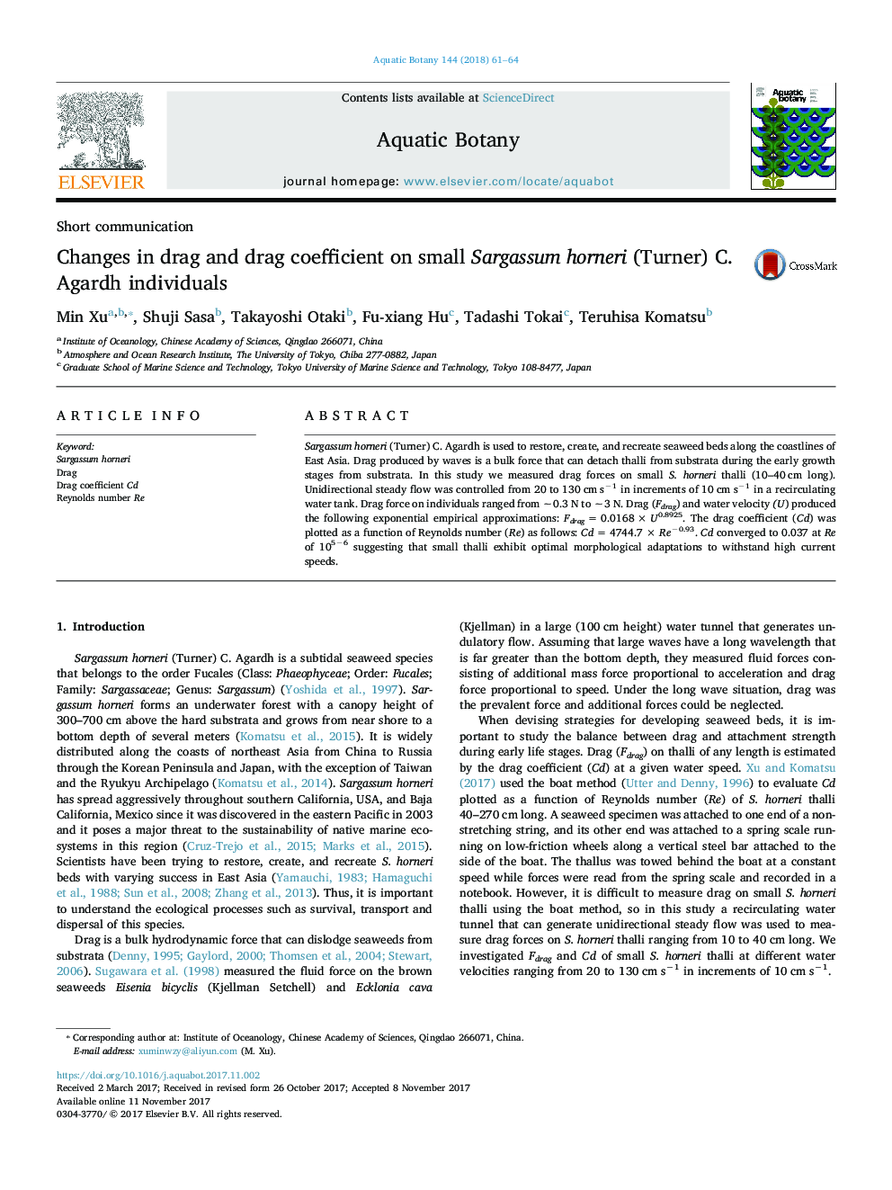 Changes in drag and drag coefficient on small Sargassum horneri (Turner) C. Agardh individuals