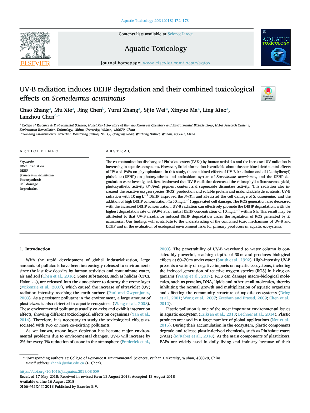 UV-B radiation induces DEHP degradation and their combined toxicological effects on Scenedesmus acuminatus