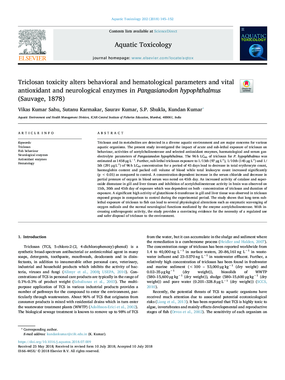 Triclosan toxicity alters behavioral and hematological parameters and vital antioxidant and neurological enzymes in Pangasianodon hypophthalmus (Sauvage, 1878)