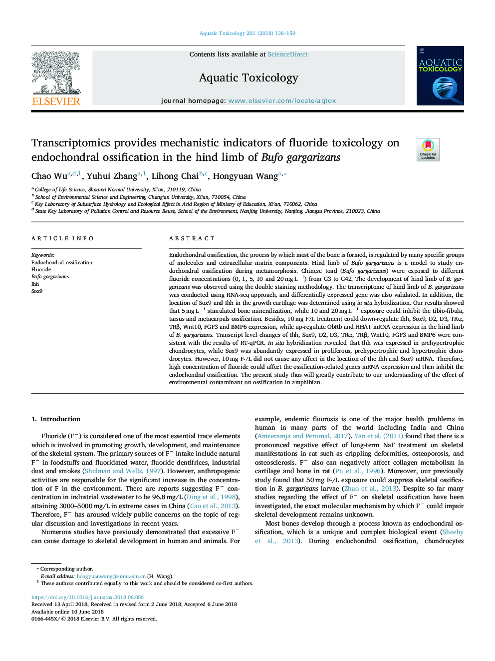 Transcriptomics provides mechanistic indicators of fluoride toxicology on endochondral ossification in the hind limb of Bufo gargarizans