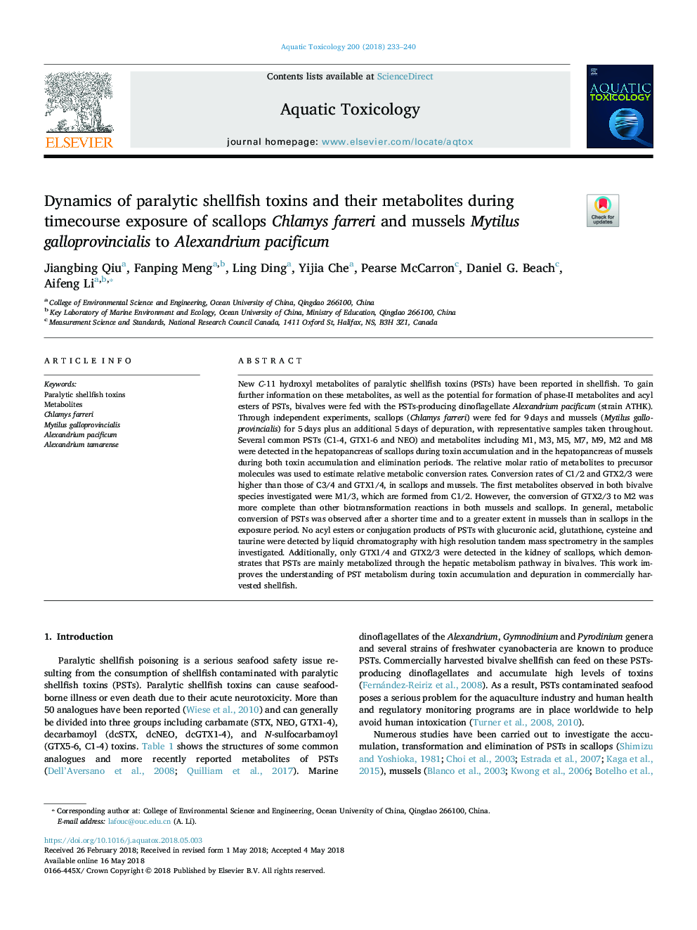 Dynamics of paralytic shellfish toxins and their metabolites during timecourse exposure of scallops Chlamys farreri and mussels Mytilus galloprovincialis to Alexandrium pacificum