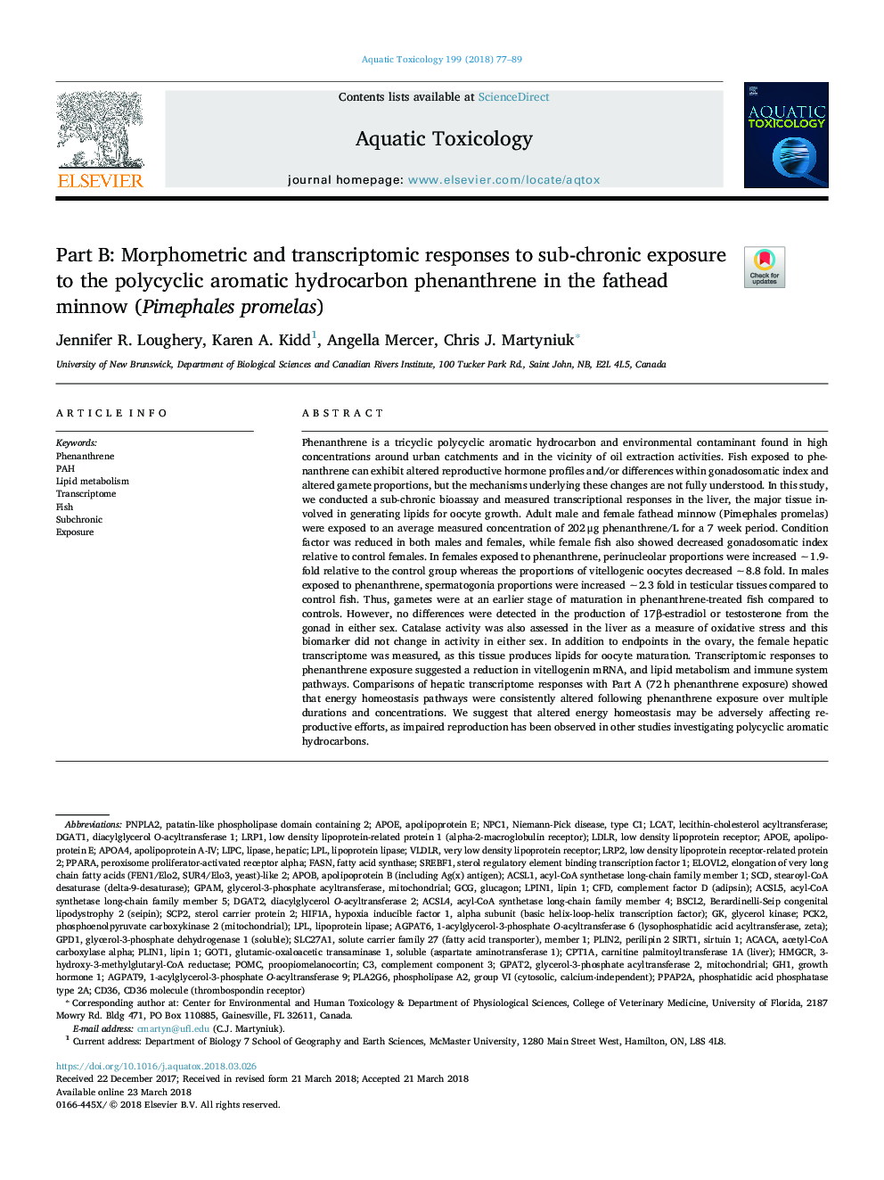 Part B: Morphometric and transcriptomic responses to sub-chronic exposure to the polycyclic aromatic hydrocarbon phenanthrene in the fathead minnow (Pimephales promelas)