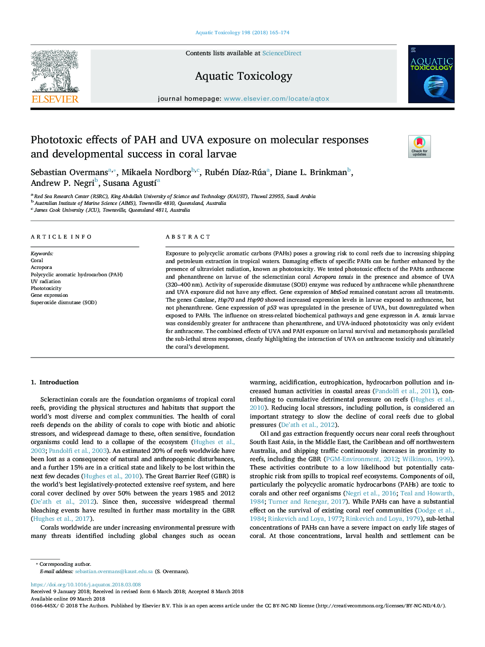 عکس صفحه اول مقاله: Phototoxic effects of PAH and UVA exposure on molecular responses and developmental success in coral larvae Phototoxic effects of PAH and UVA exposure on molecular responses and developmental success in coral larvae