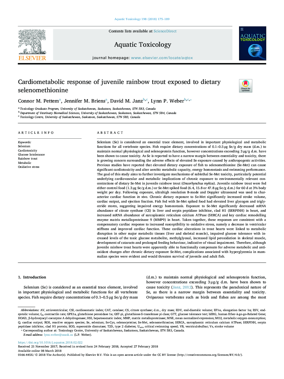 Cardiometabolic response of juvenile rainbow trout exposed to dietary selenomethionine