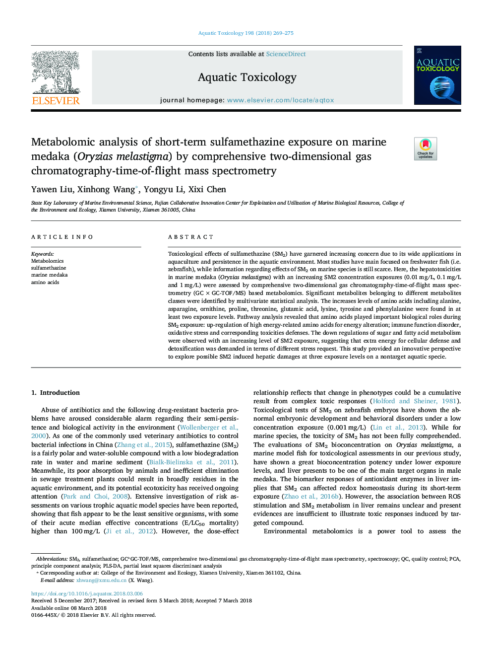 Metabolomic analysis of short-term sulfamethazine exposure on marine medaka (Oryzias melastigma) by comprehensive two-dimensional gas chromatography-time-of-flight mass spectrometry