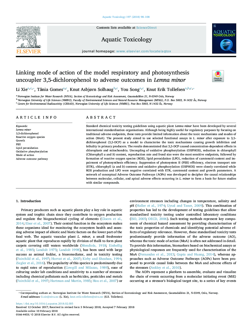 Linking mode of action of the model respiratory and photosynthesis uncoupler 3,5-dichlorophenol to adverse outcomes in Lemna minor