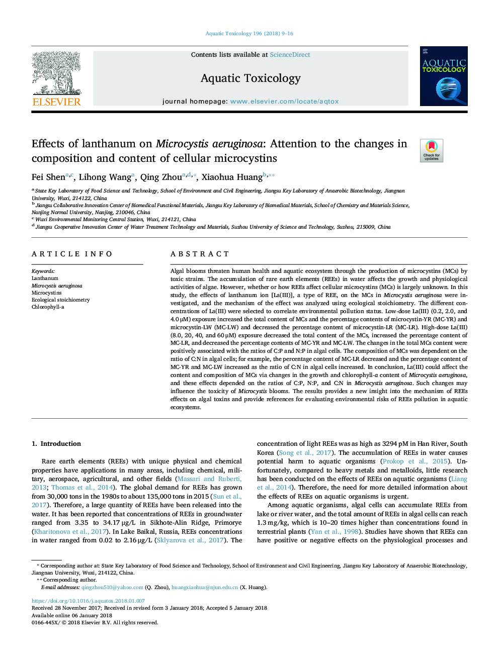 اثرات لانتانیم بر روی میکروسیستی آئروژینوزا: توجه به تغییرات ترکیب و محتوای میکرو سستین های 