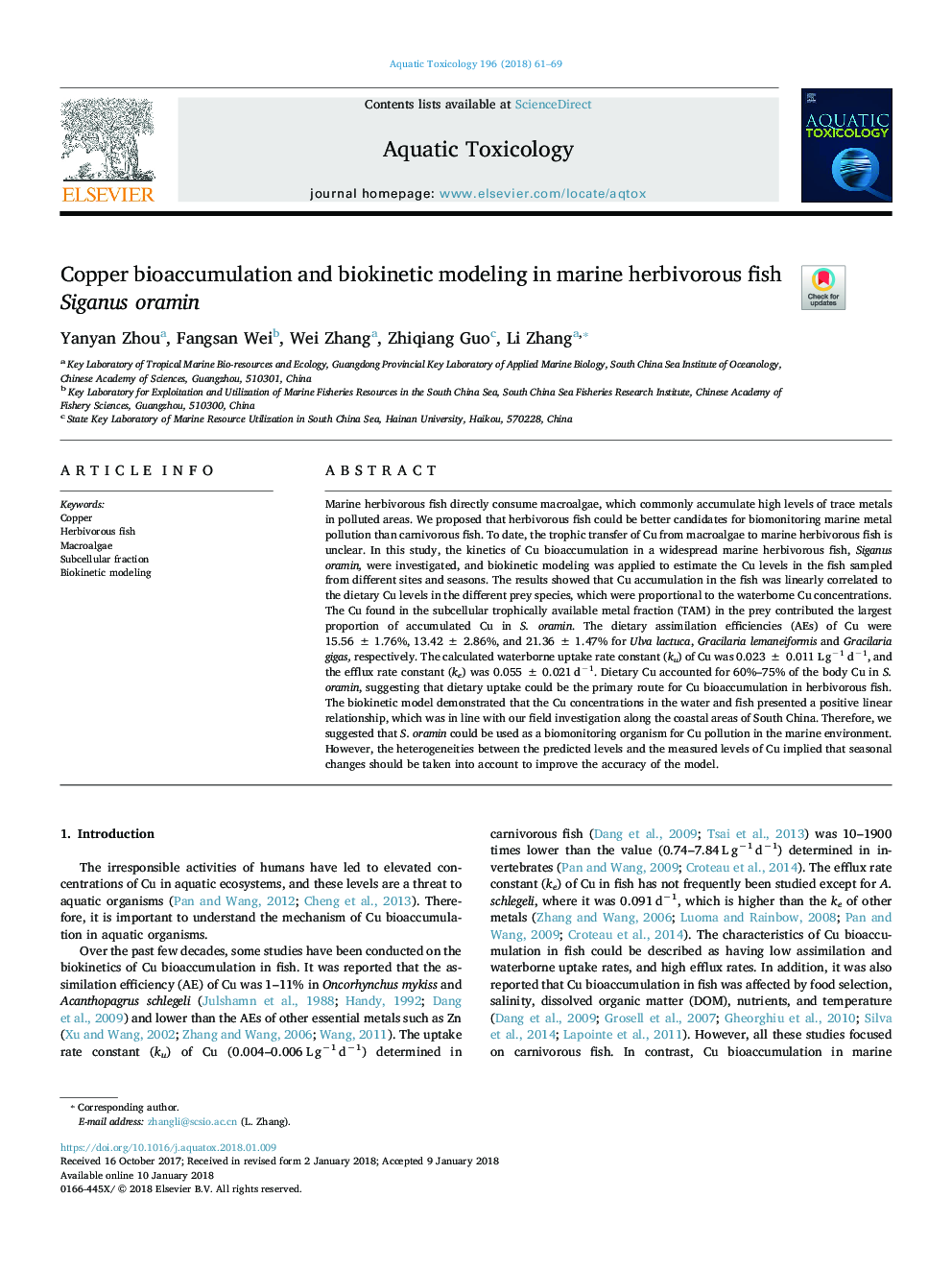 Copper bioaccumulation and biokinetic modeling in marine herbivorous fish Siganus oramin