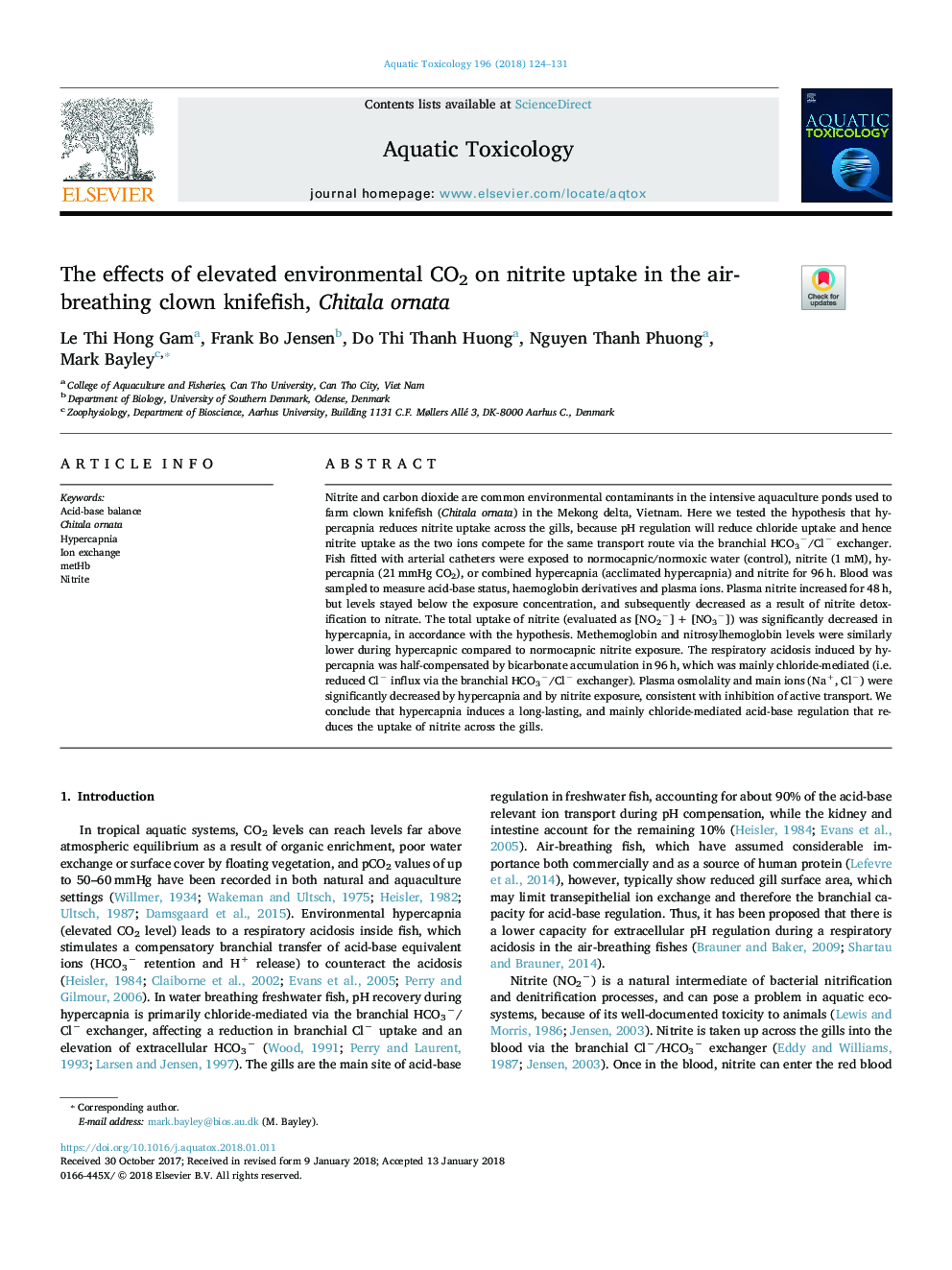 The effects of elevated environmental CO2 on nitrite uptake in the air-breathing clown knifefish, Chitala ornata