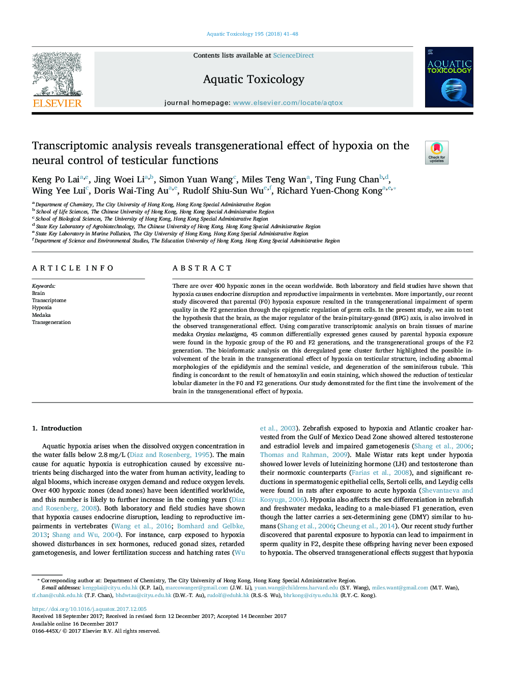 Transcriptomic analysis reveals transgenerational effect of hypoxia on the neural control of testicular functions