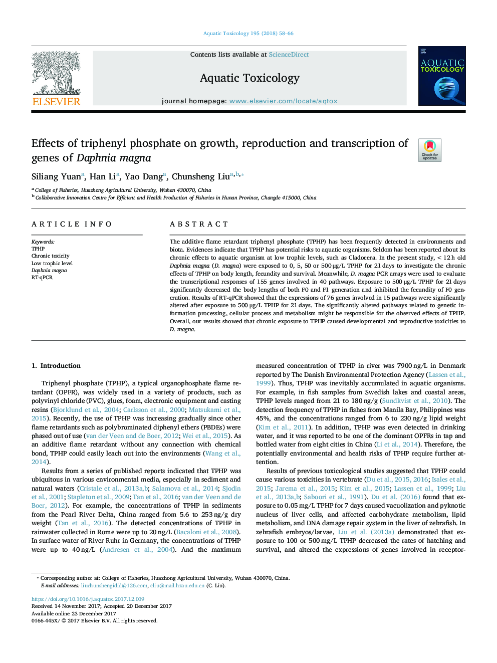 Effects of triphenyl phosphate on growth, reproduction and transcription of genes of Daphnia magna