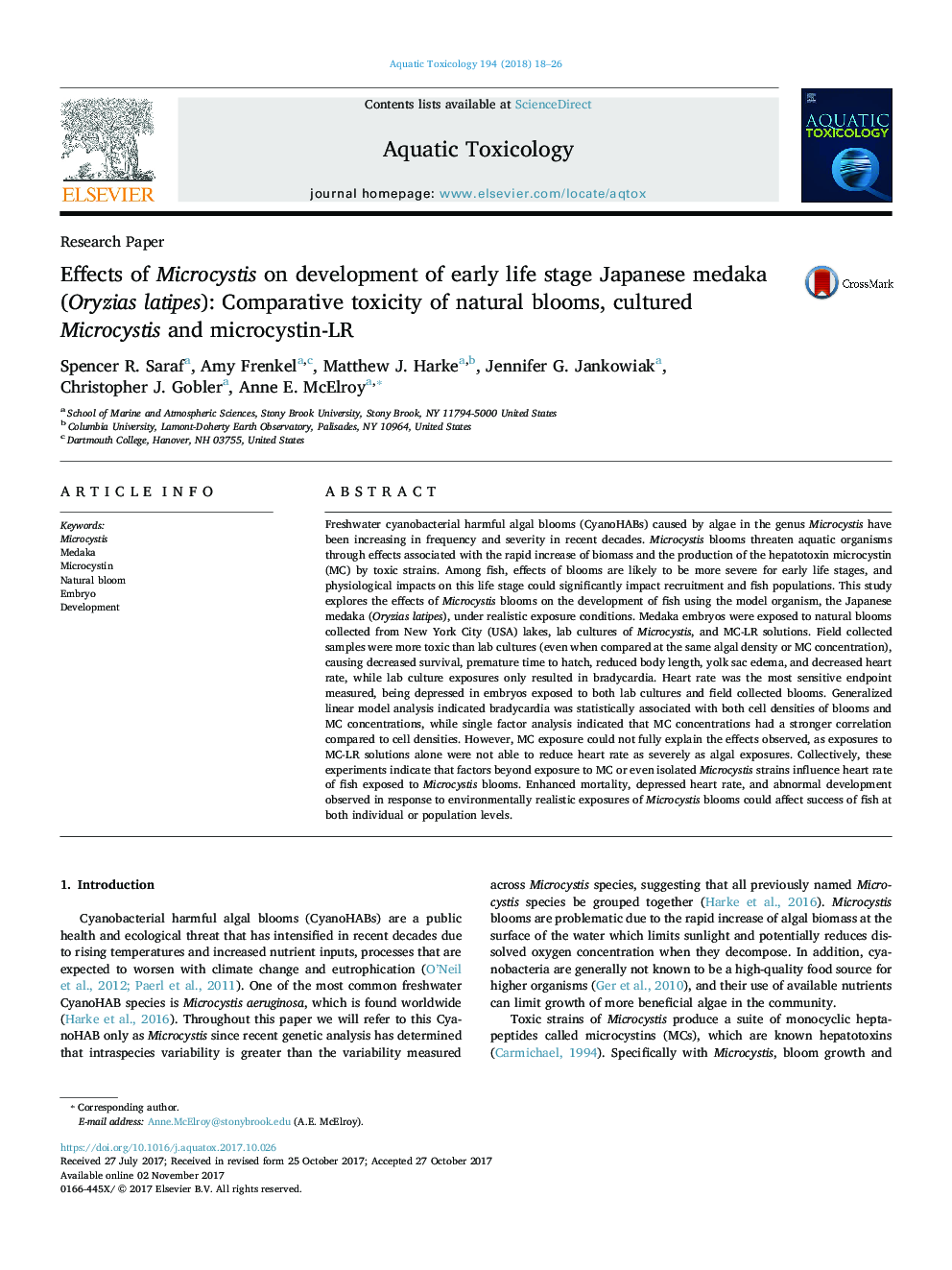 Effects of Microcystis on development of early life stage Japanese medaka (Oryzias latipes): Comparative toxicity of natural blooms, cultured Microcystis and microcystin-LR