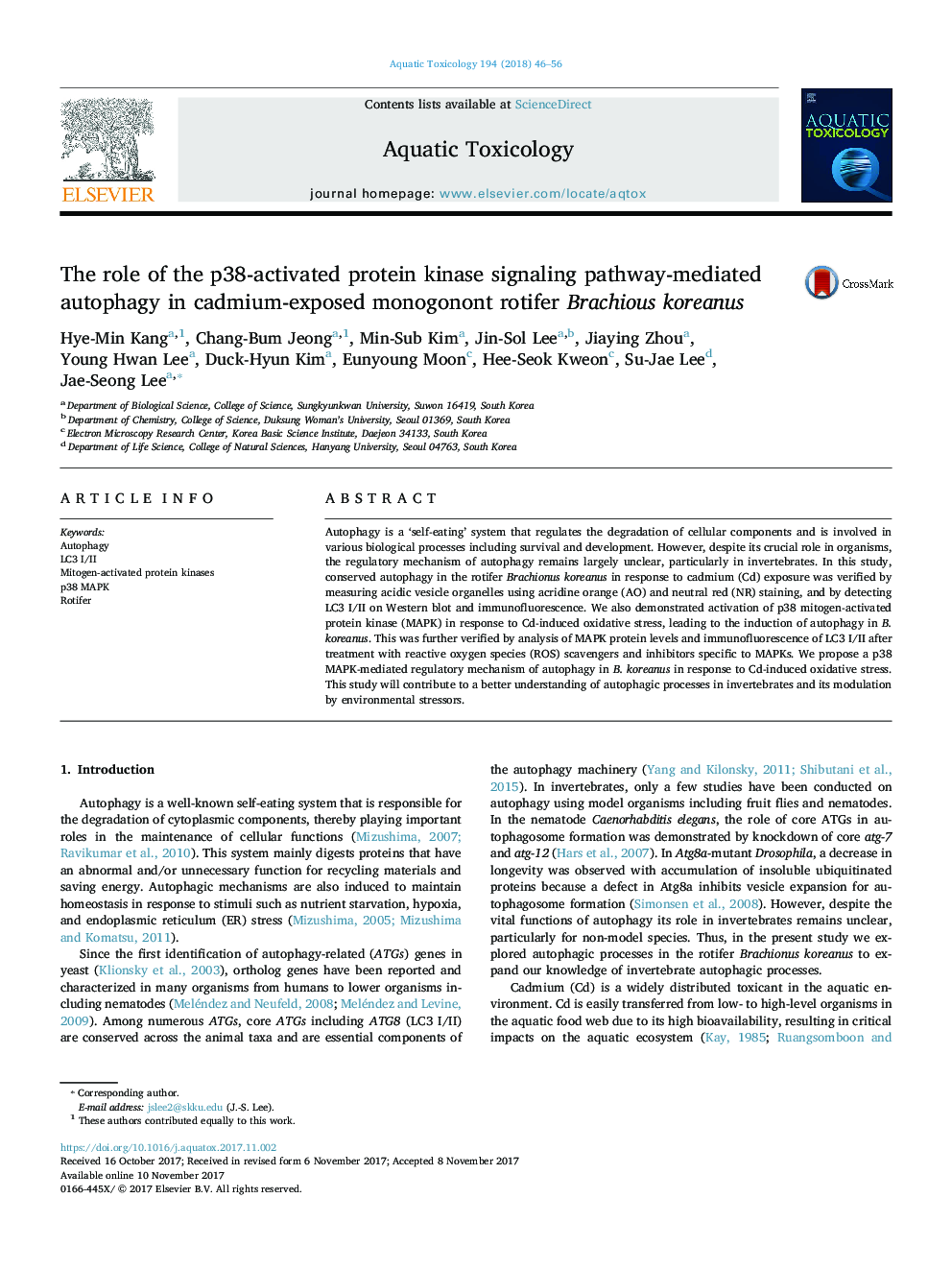 The role of the p38-activated protein kinase signaling pathway-mediated autophagy in cadmium-exposed monogonont rotifer Brachious koreanus