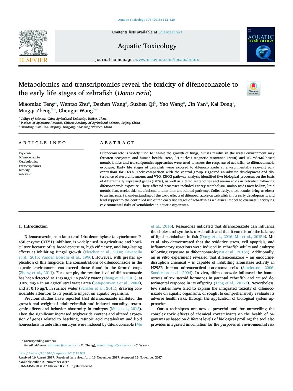 Metabolomics and transcriptomics reveal the toxicity of difenoconazole to the early life stages of zebrafish (Danio rerio)