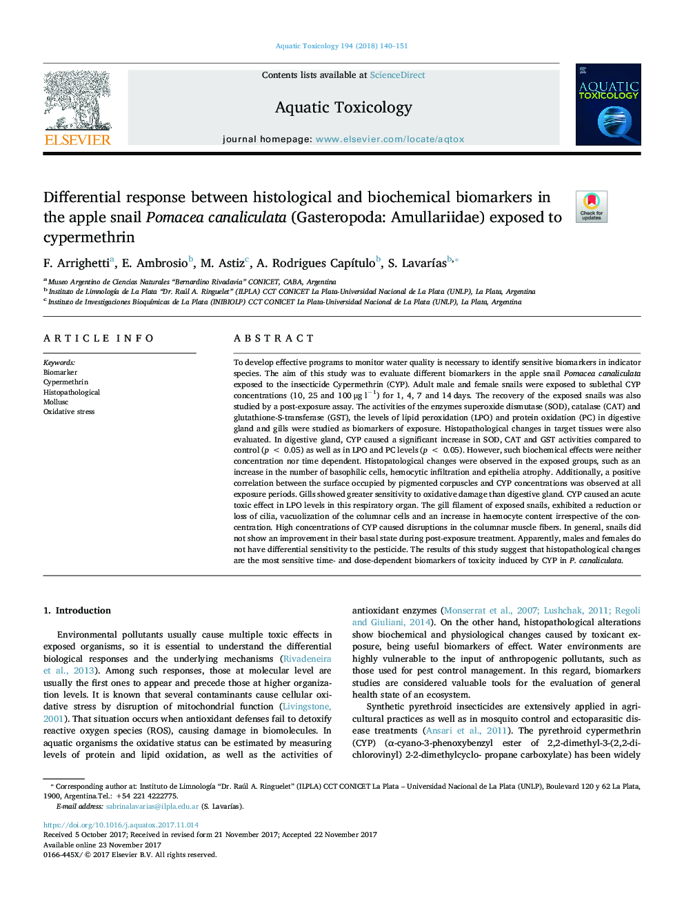 Differential response between histological and biochemical biomarkers in the apple snail Pomacea canaliculata (Gasteropoda: Amullariidae) exposed to cypermethrin