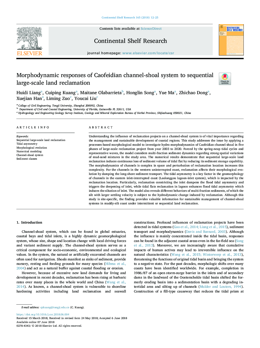 Morphodynamic responses of Caofeidian channel-shoal system to sequential large-scale land reclamation