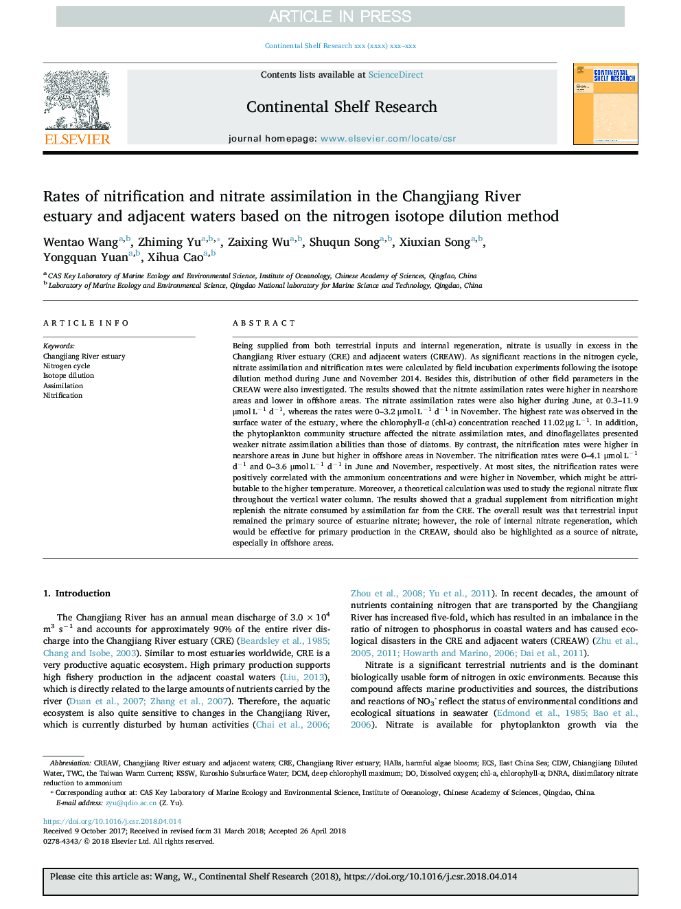 Rates of nitrification and nitrate assimilation in the Changjiang River estuary and adjacent waters based on the nitrogen isotope dilution method