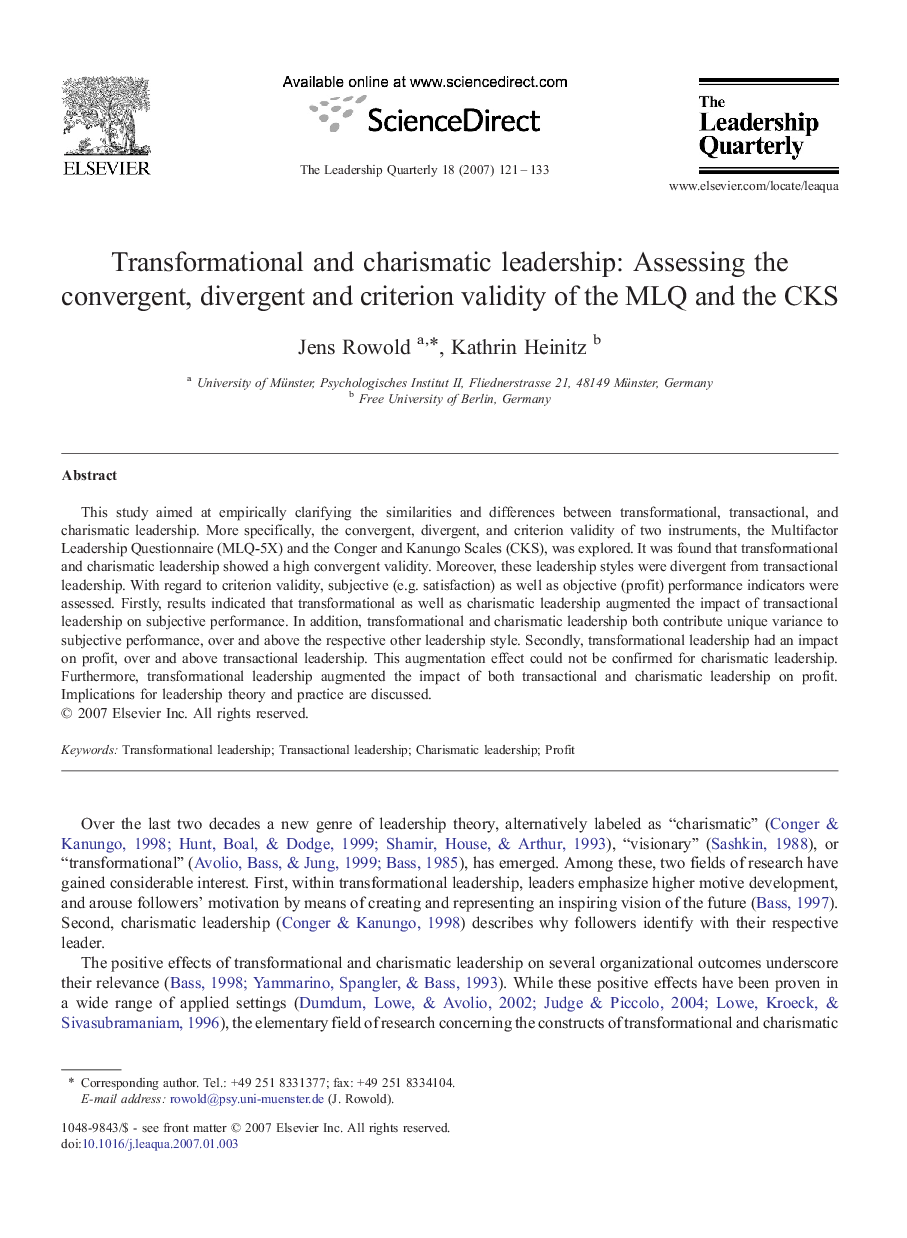 Transformational and charismatic leadership: Assessing the convergent, divergent and criterion validity of the MLQ and the CKS