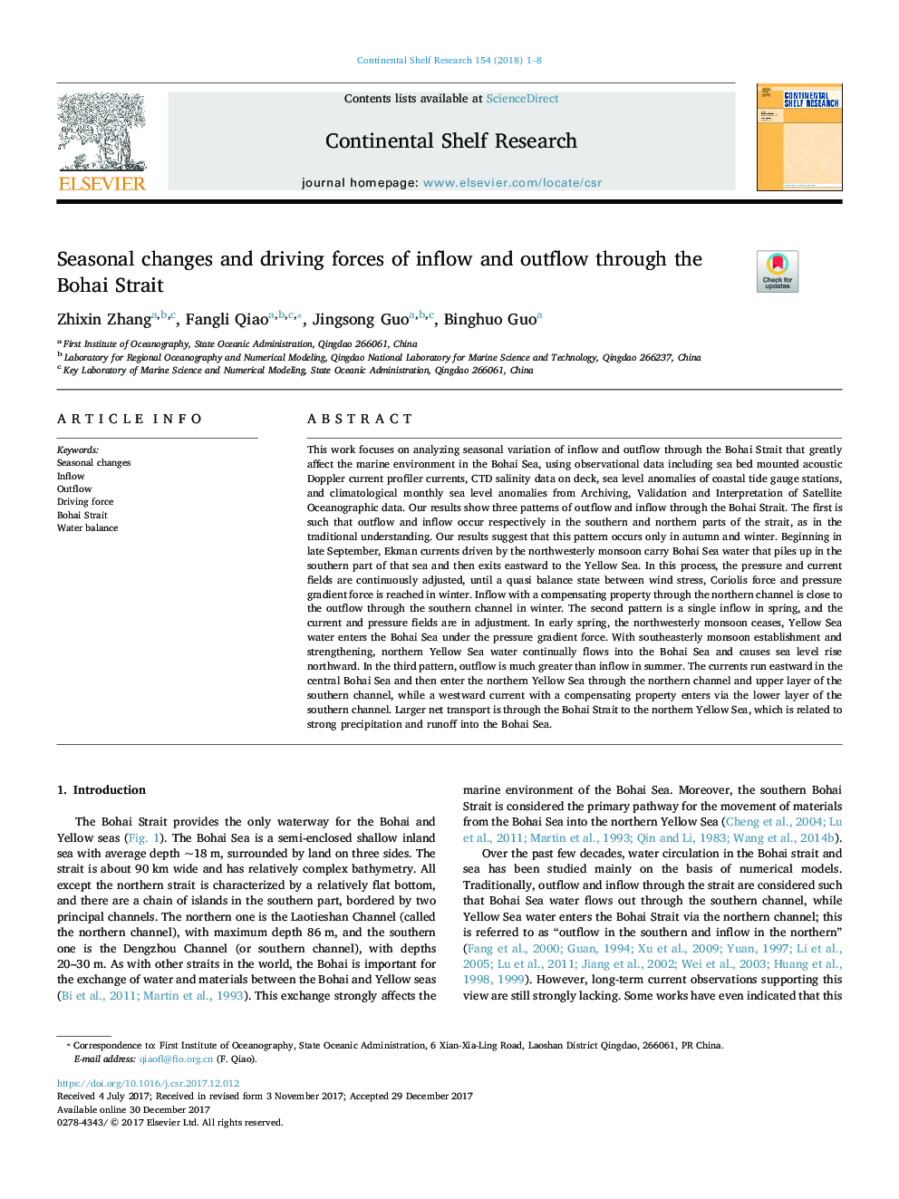 Seasonal changes and driving forces of inflow and outflow through the Bohai Strait