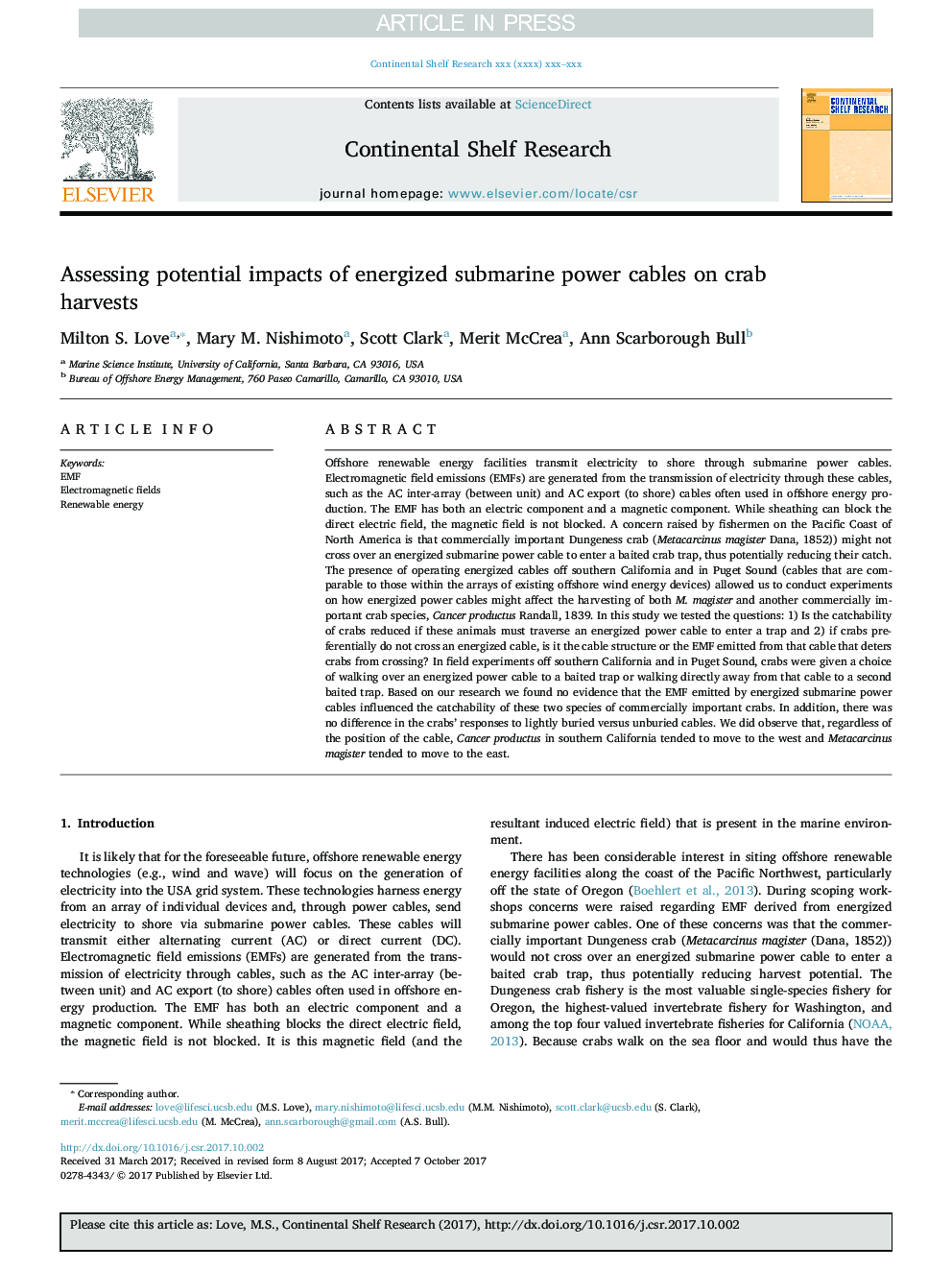 Assessing potential impacts of energized submarine power cables on crab harvests