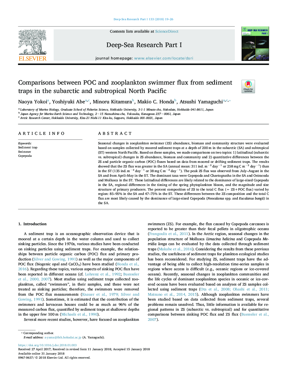 Comparisons between POC and zooplankton swimmer flux from sediment traps in the subarctic and subtropical North Pacific