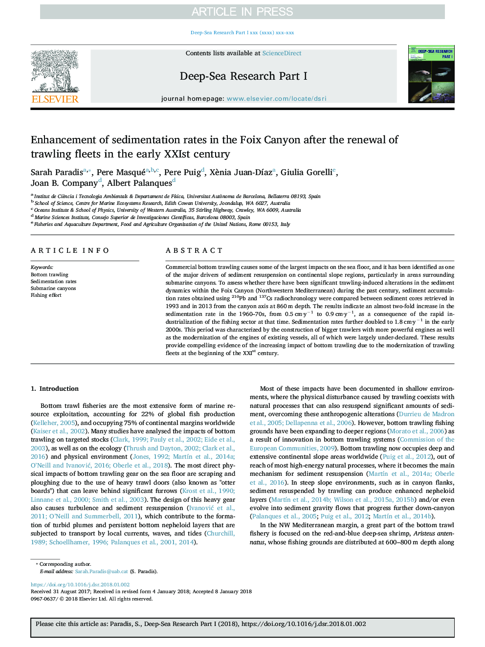 Enhancement of sedimentation rates in the Foix Canyon after the renewal of trawling fleets in the early XXIst century