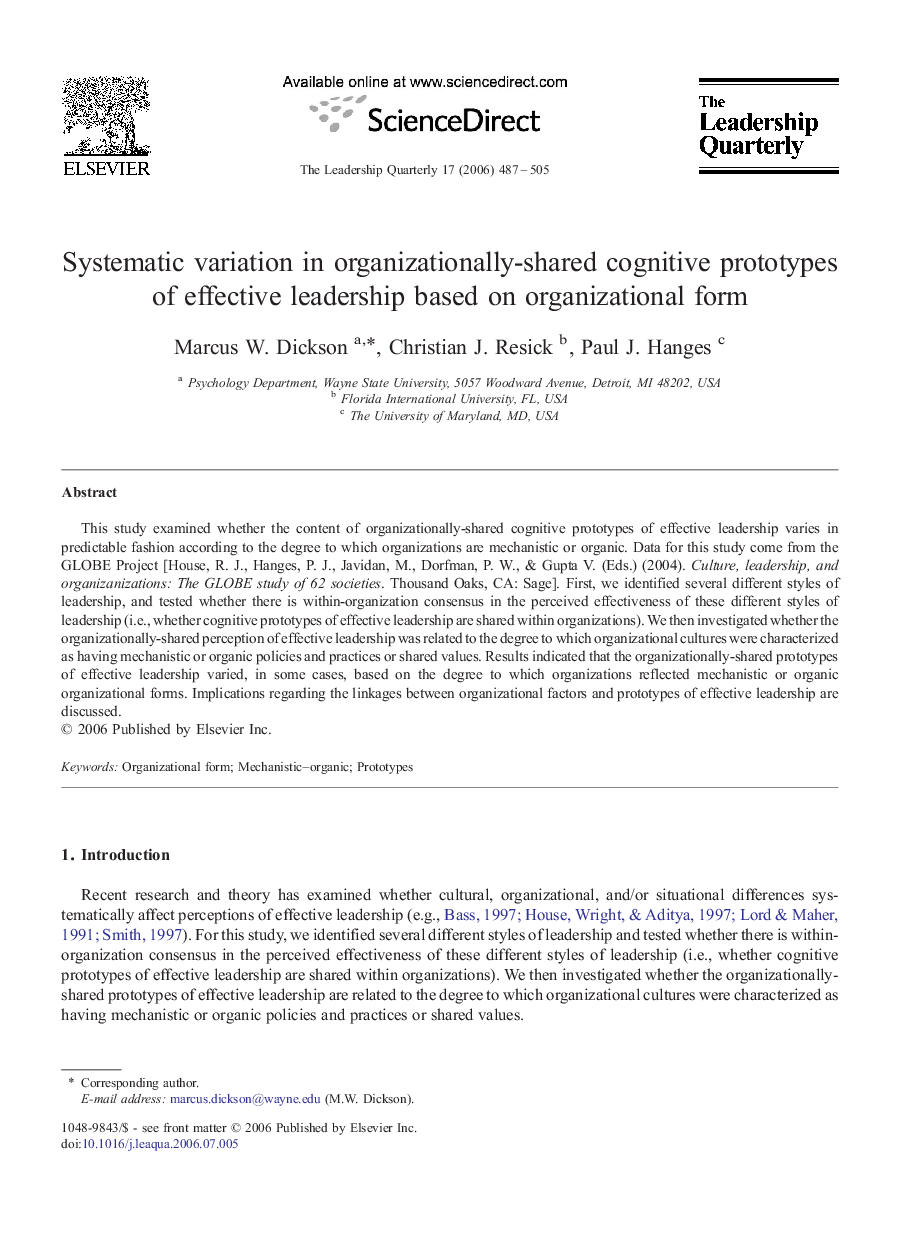 Systematic variation in organizationally-shared cognitive prototypes of effective leadership based on organizational form