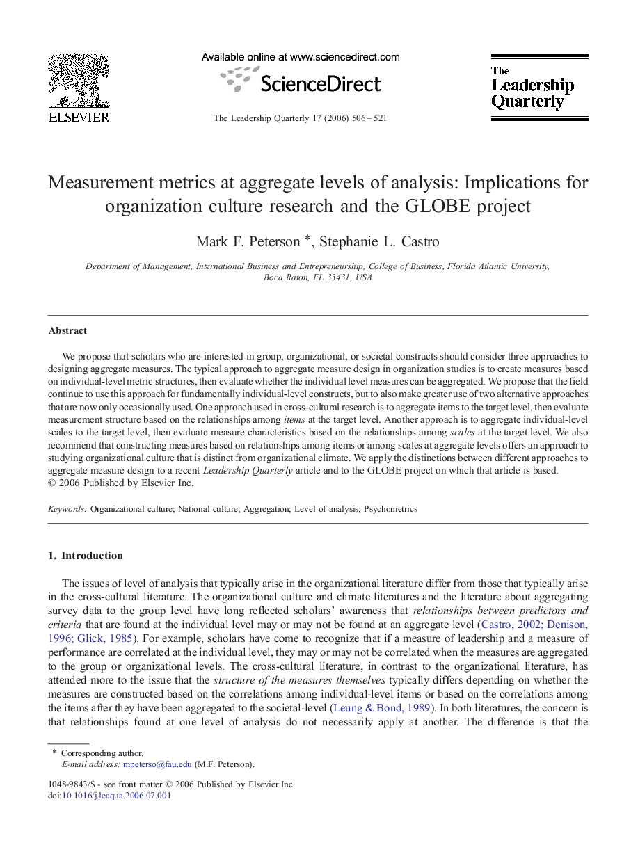 Measurement metrics at aggregate levels of analysis: Implications for organization culture research and the GLOBE project