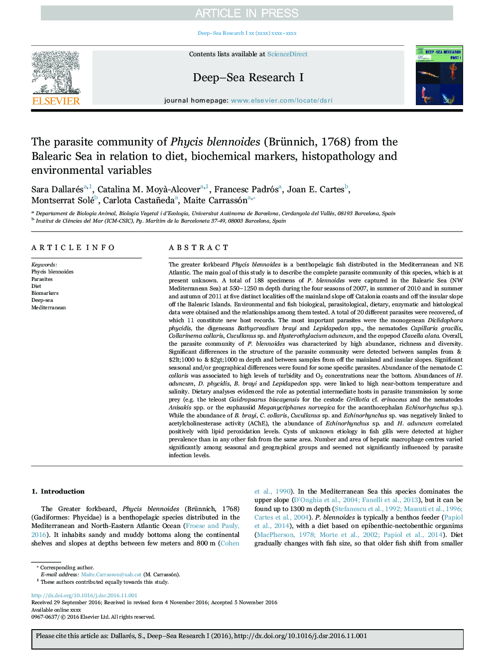 The parasite community of Phycis blennoides (Brünnich, 1768) from the Balearic Sea in relation to diet, biochemical markers, histopathology and environmental variables