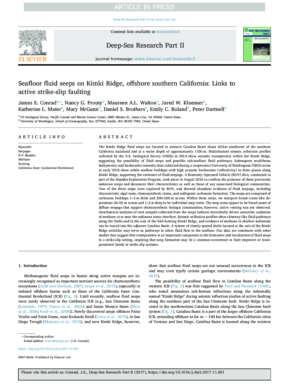 Seafloor fluid seeps on Kimki Ridge, offshore southern California: Links to active strike-slip faulting