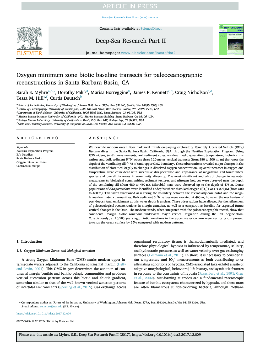 Oxygen minimum zone biotic baseline transects for paleoceanographic reconstructions in Santa Barbara Basin, CA