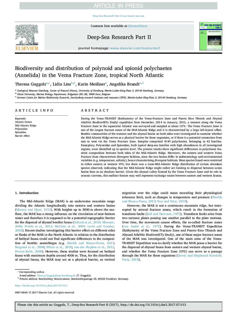 Biodiversity and distribution of polynoid and spionid polychaetes (Annelida) in the Vema Fracture Zone, tropical North Atlantic