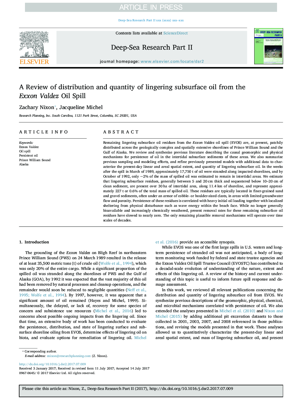 A Review of distribution and quantity of lingering subsurface oil from the Exxon Valdez Oil Spill