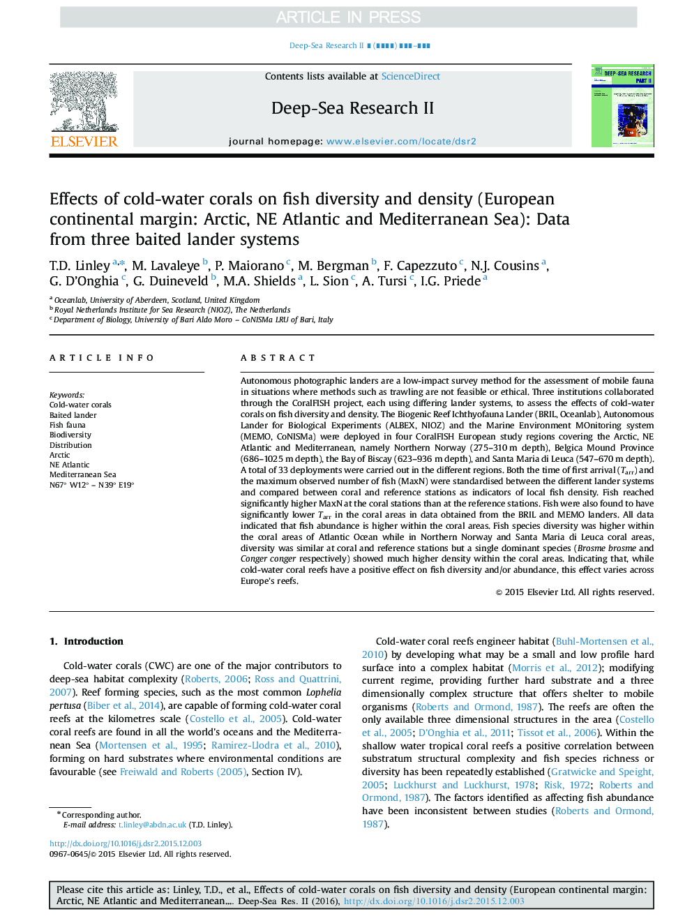 Effects of coldâwater corals on fish diversity and density (European continental margin: Arctic, NE Atlantic and Mediterranean Sea): Data from three baited lander systems