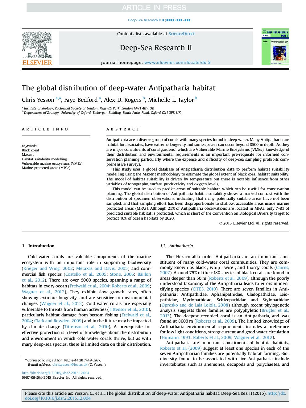 The global distribution of deep-water Antipatharia habitat