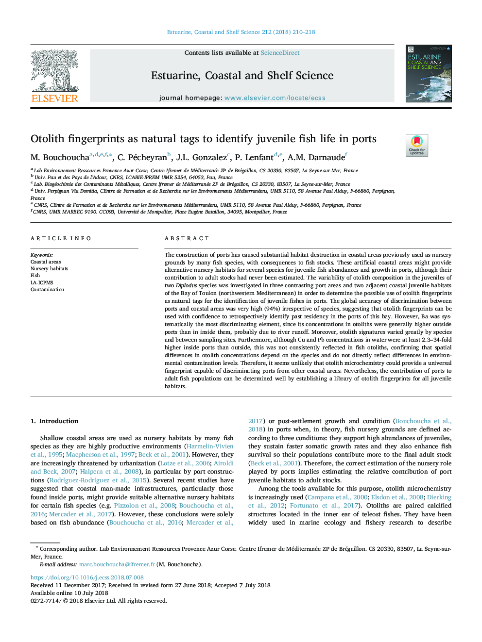 Otolith fingerprints as natural tags to identify juvenile fish life in ports