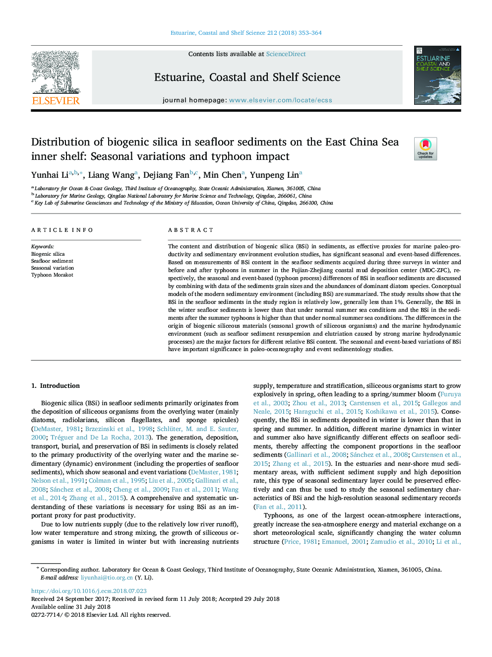 توزیع سیلیس بیوژنیک در رسوبات دریایی در قفسه داخلی دریای چین: تغییرات فصلی و تاثیر 