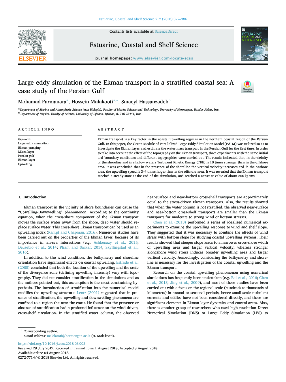 شبیه سازی چرخشی بزرگ حمل و نقل اکمن در دریای ساحلی طبقه بندی شده: مطالعه موردی خلیج 