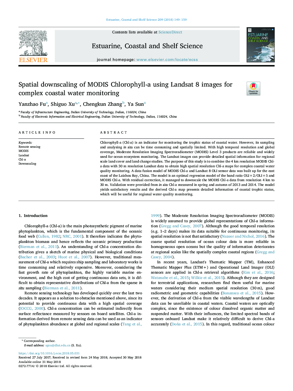 Spatial downscaling of MODIS Chlorophyll-a using Landsat 8 images for complex coastal water monitoring