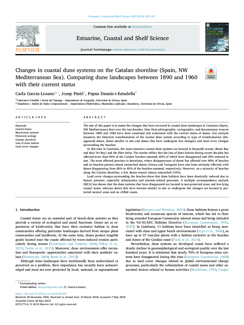 Changes in coastal dune systems on the Catalan shoreline (Spain, NW Mediterranean Sea). Comparing dune landscapes between 1890 and 1960 with their current status