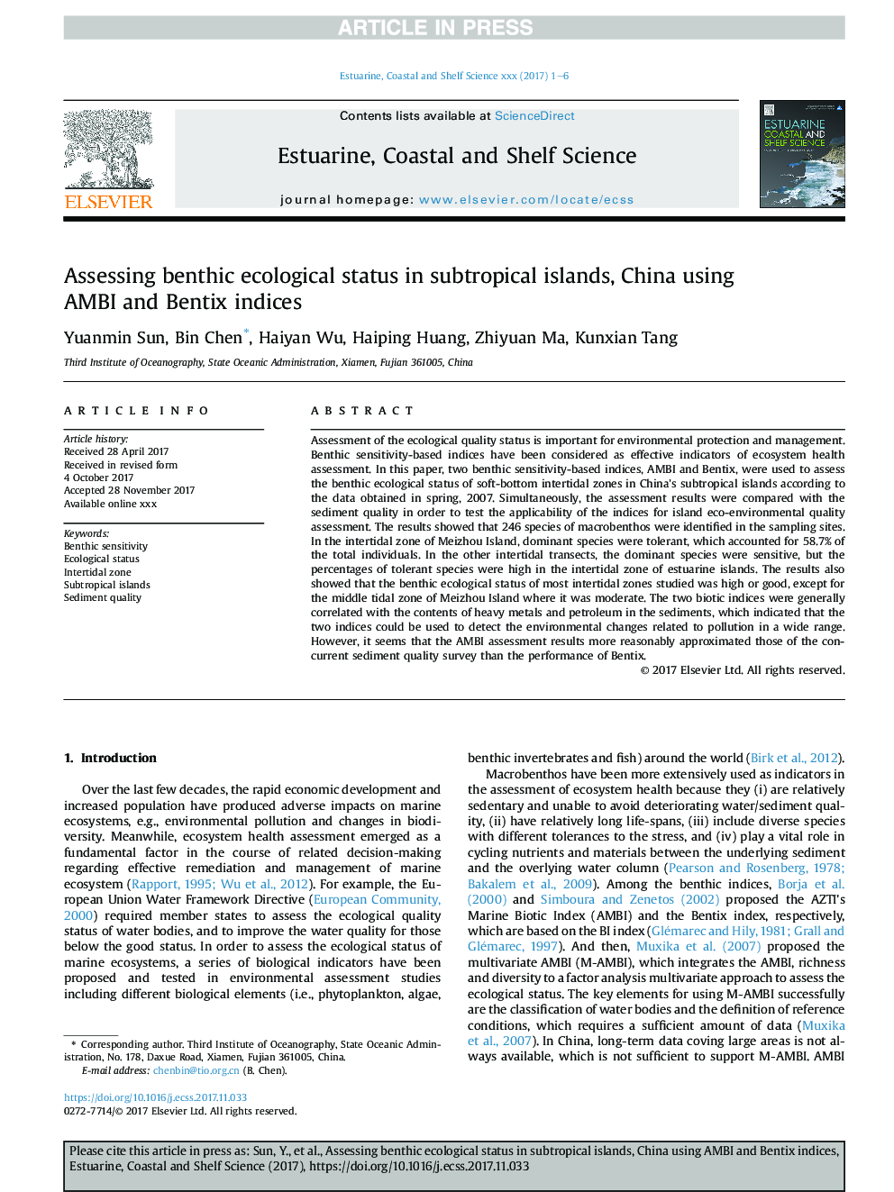 Assessing benthic ecological status in subtropical islands, China using AMBI and Bentix indices