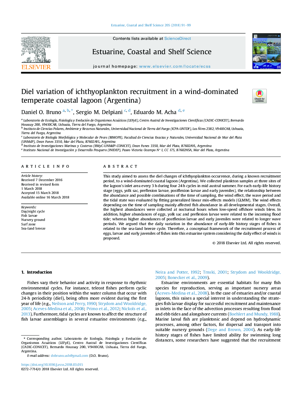 Diel variation of ichthyoplankton recruitment in a wind-dominated temperate coastal lagoon (Argentina)