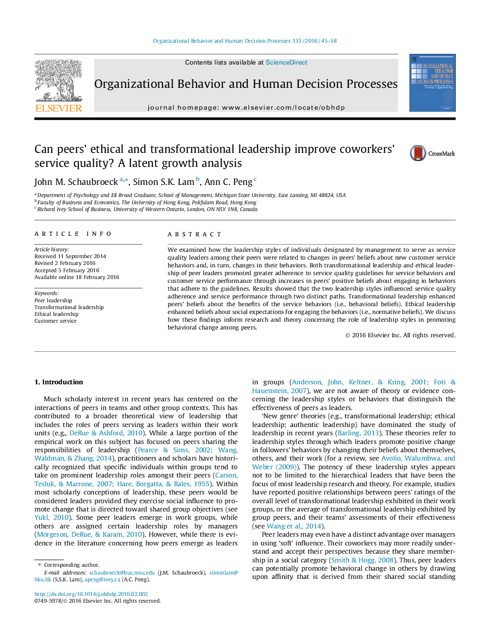 Can peers’ ethical and transformational leadership improve coworkers’ service quality? A latent growth analysis