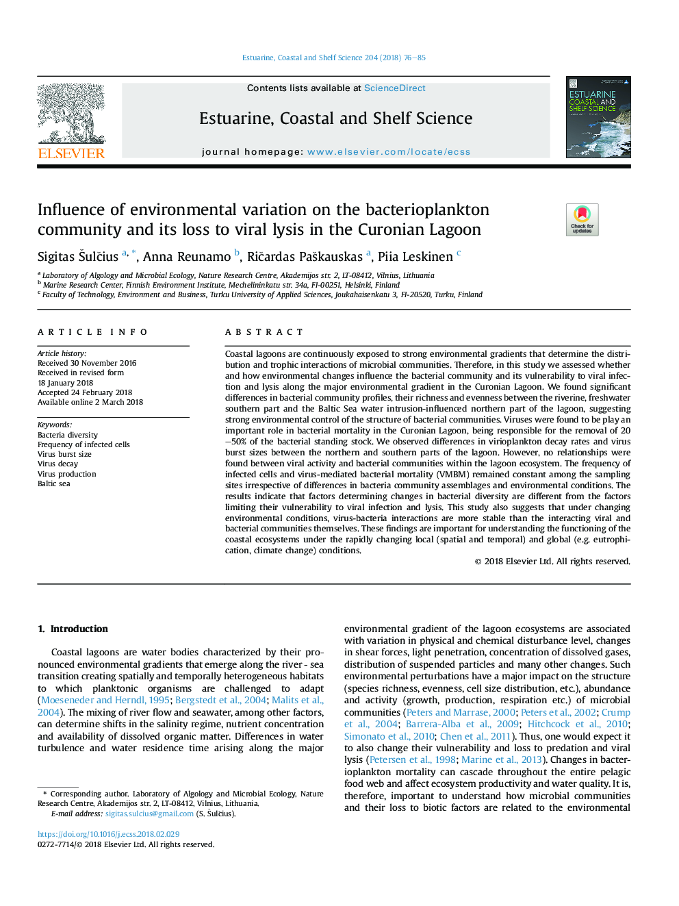 Influence of environmental variation on the bacterioplankton community and its loss to viral lysis in the Curonian Lagoon