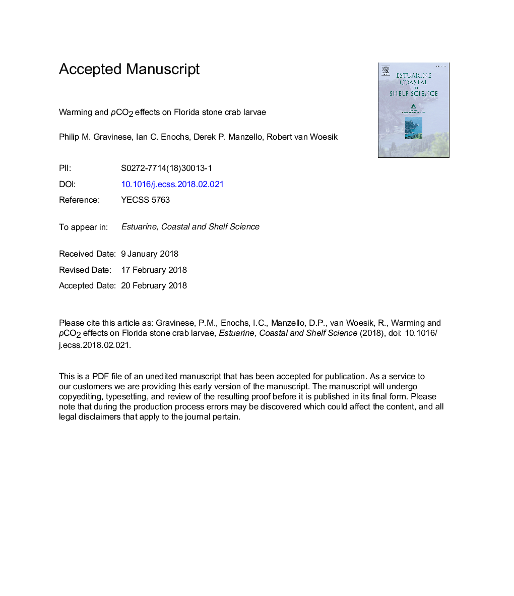 عکس صفحه اول مقاله: Warming and pCO2 effects on Florida stone crab larvae Warming and pCO2 effects on Florida stone crab larvae