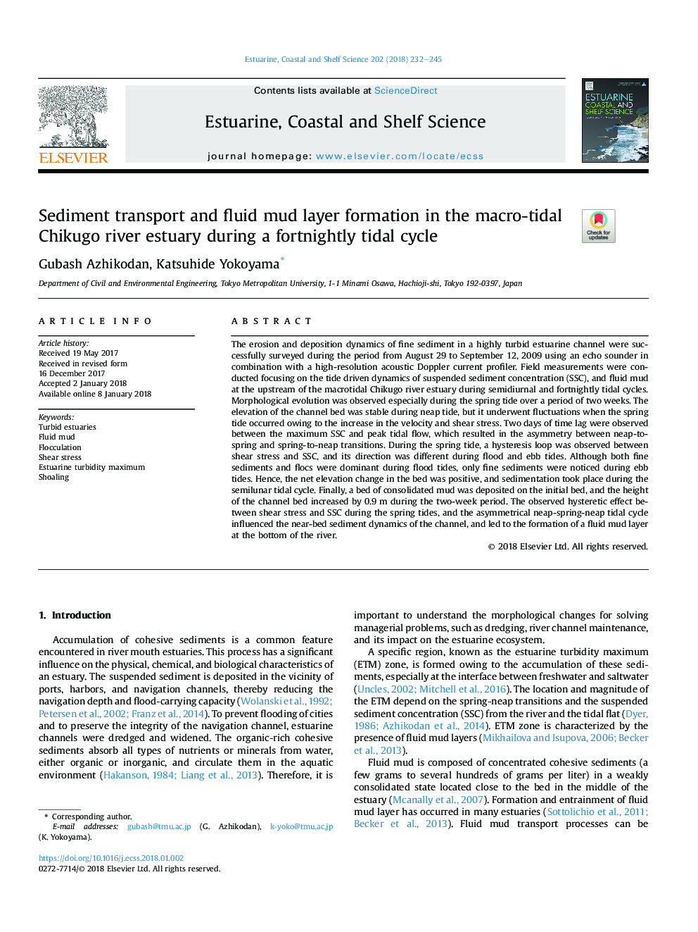 Sediment transport and fluid mud layer formation in the macro-tidal Chikugo river estuary during a fortnightly tidal cycle