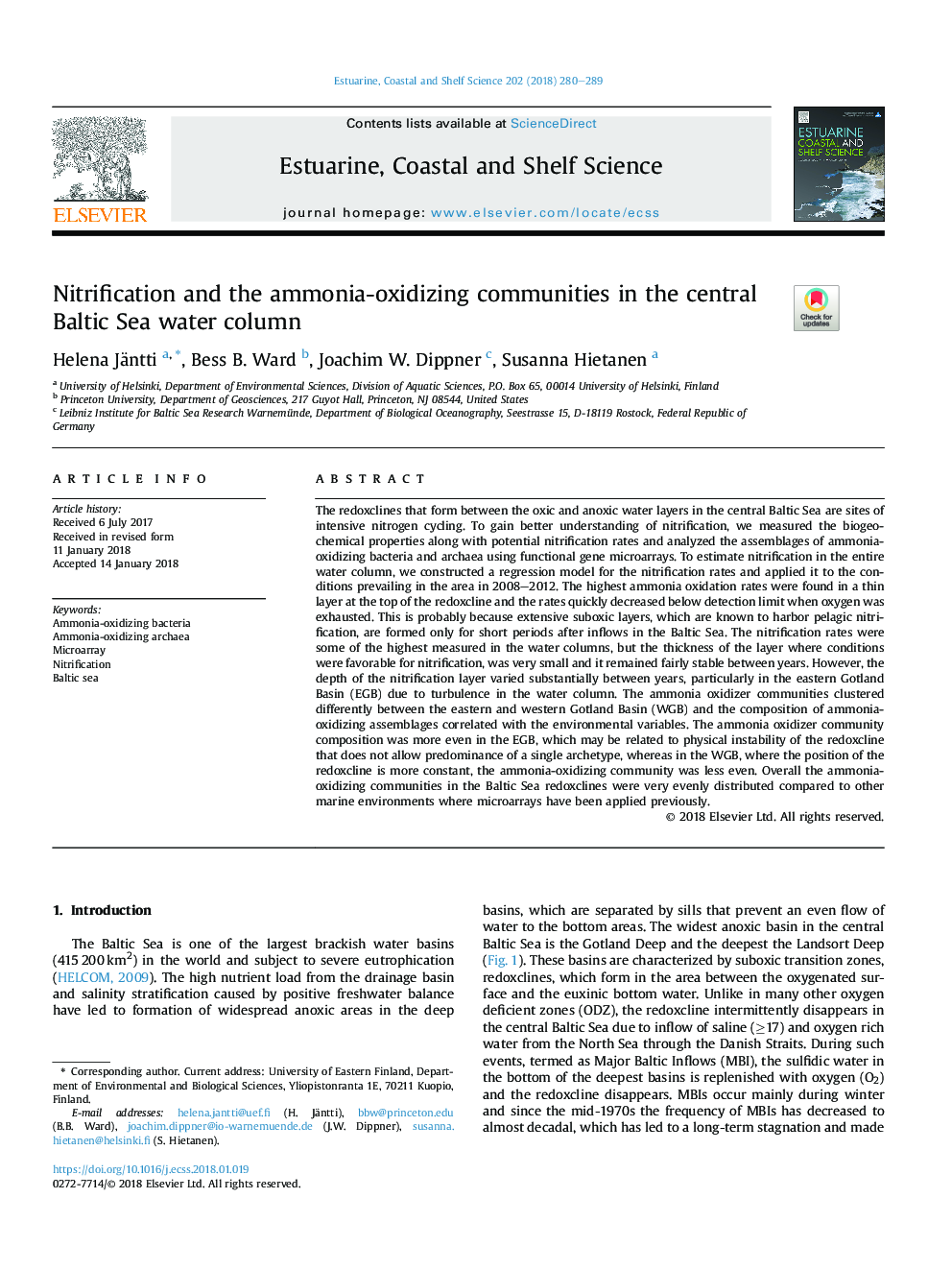 Nitrification and the ammonia-oxidizing communities in the central Baltic Sea water column
