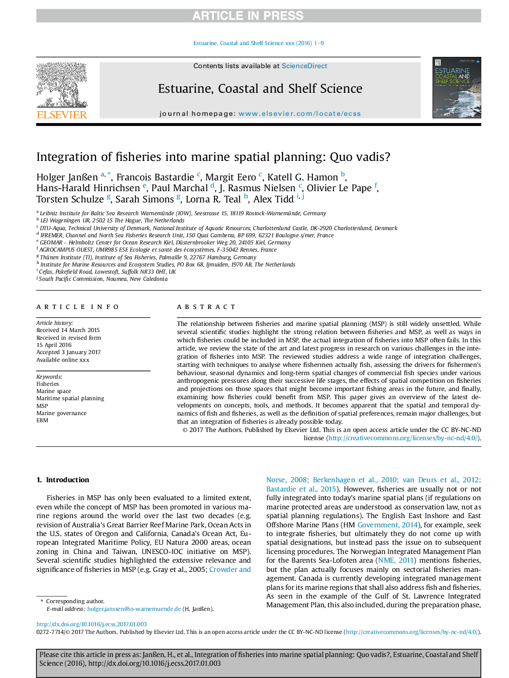 Integration of fisheries into marine spatial planning: Quo vadis?